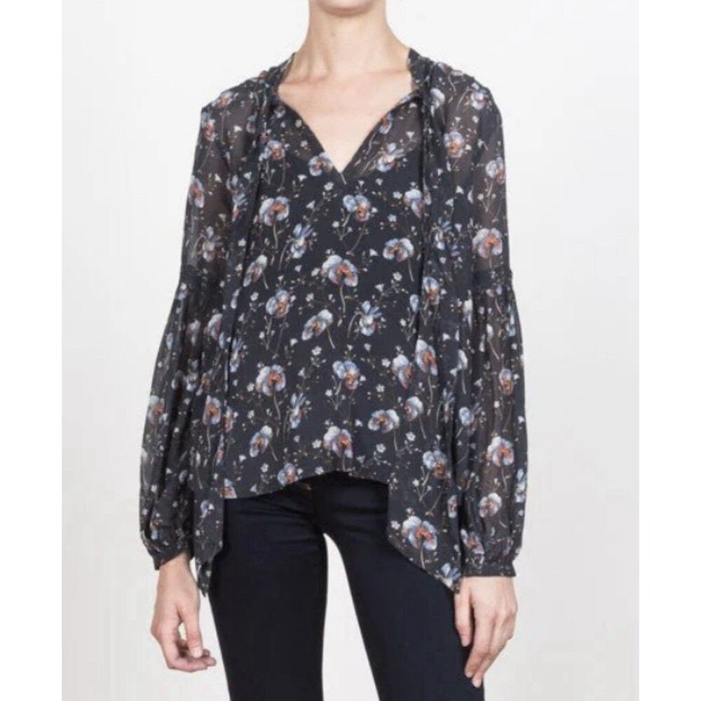 Ulla Johnson Mimi Floral Print Navy Blue Tie Bow Neck Blouse Long Sleeve Size 4